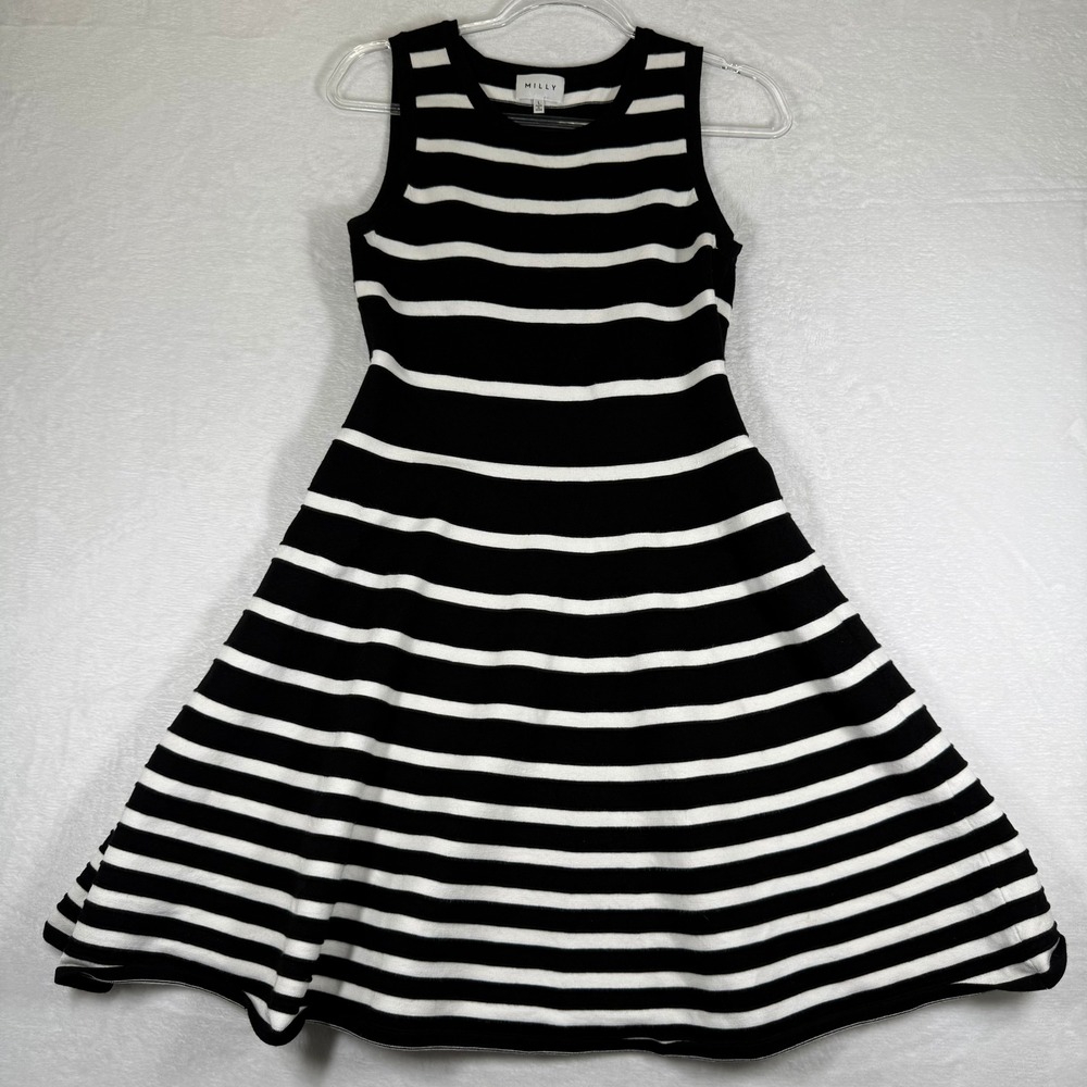 Milly Womens Black‎ White Striped Sleeveless Fit & Flare Knit Dress Size L